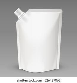White Mock Up Blank Pack, Foil Food Or Drink Bag Packaging With Spout Lid. Plastic Pack Template Ready For Your Design. Vector EPS10