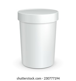 White Mock Up Bucket Tub Food Plastic Container For Dessert, Yogurt, Ice Cream, Sour Cream Or Snack. Ready For Your Design. Product Packing Vector EPS10 