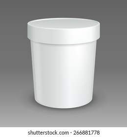 White Mock Up Bucket Tub Food Plastic Container For Dessert, Yogurt, Ice Cream, Sour Cream Or Snack. Ready For Your Design. Product Packing Vector EPS10 