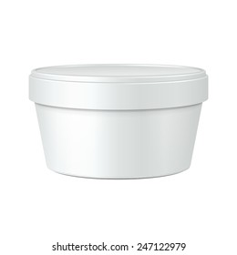 White Mock Up Food Plastic Can Cap Jar Tub Bucket Container For Dessert, Yogurt, Ice Cream, Sour Cream Or Snack. Ready For Your Design. Product Packing Vector EPS10