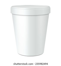 White Mock Up Food Plastic Tub Bucket Container For Dessert, Yogurt, Ice Cream, Sour Cream Or Snack. Ready For Your Design. Product Packing Vector EPS10