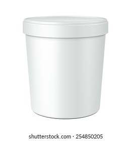 White Mock Up Food Plastic Tub Bucket Container For Dessert, Yogurt, Ice Cream, Sour Cream Or Snack. Ready For Your Design. Product Packing Vector EPS10