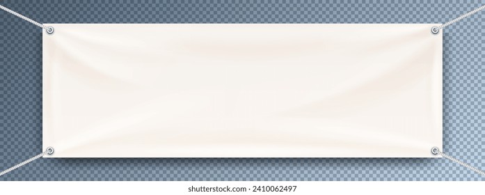 White mock up textile banner with eyelets at the corners and white ropes. Hanging advertising promo banner vector template isolated on transparent background