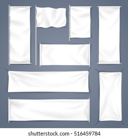 White Mock Up Textile Banner With Folds, Vector Illustration, Set Of Flag And Empty Advertising