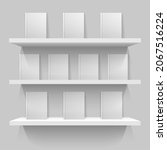 White mockup bookshelves. Brochures lighting rack, shelves with blank books volumes, decorative wall bookcase background with book face covers frames for market or shop