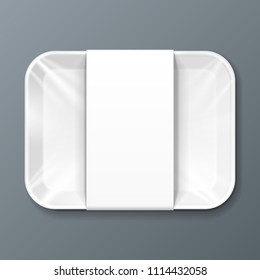 White Mockup Empty Blank Styrofoam Plastic Food Tray Container With Lable. Illustration Isolated On Gray Background. Mock Up Template Ready For Your Design. Vector EPS10