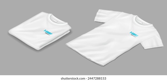 White mockup men t-shirts vector illustrations set. Advertising supplies. Uniform clothes with design template 3d objects on grey background