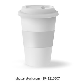White mockup paper cup for hot coffee with black lid isolated on white background. Takeaway blank small tea cup for your design text or banner of brand.