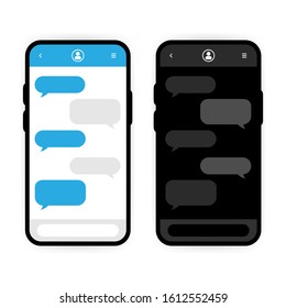 White mode and dark mode in regular correspondence on white background. Two phones to compare. Operating System.