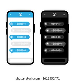 White mode and dark mode in voice messgae on white background. Two phones to compare. Operating System.