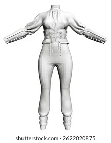 A white model wearing a white clothes with a black. The outfit is designed to look like a futuristic costume