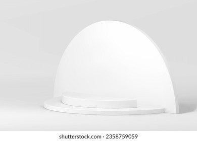 Pie de paso semicircular 3d de podio blanco moderno con fondo de pared curvo ilustración vectorial realista. Estadio de publicidad neutro mínimo para presentación de producto interior de escaparate vacío