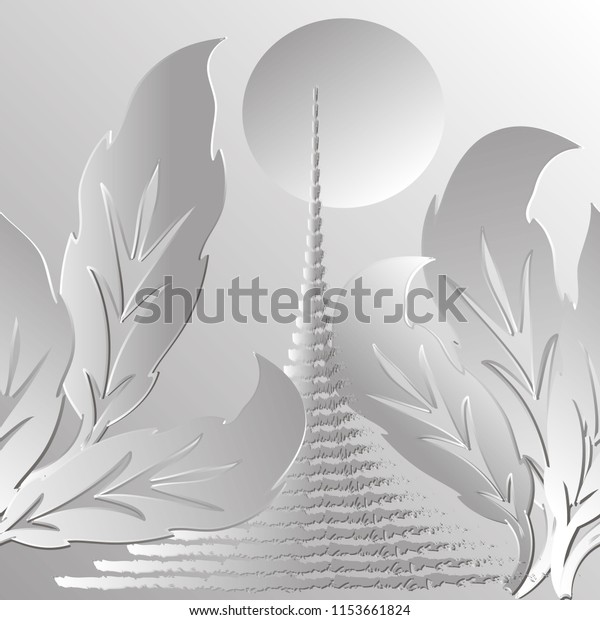 White modern 3d vector seamless pattern.\
Abstract stairway to Heaven. Floral ornamental trendy light\
background with Baroque style leaves and steps to the sun.\
Decorative  design. Ornate\
illustration.