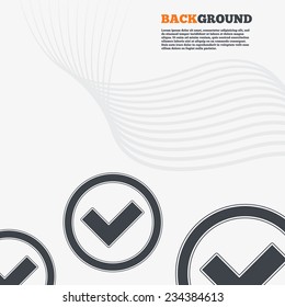 White modern background. Check mark sign icon. Yes circle symbol. Confirm approved. Outline signs with curved lines. Vector