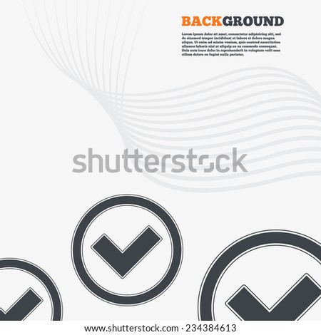 White modern background. Check mark sign icon. Yes circle symbol. Confirm approved. Outline signs with curved lines. Vector