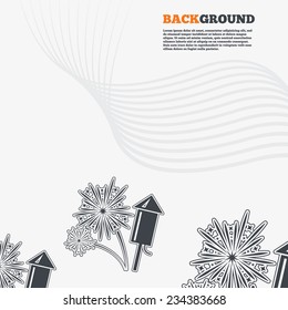 White modern background. Fireworks with rocket sign icon. Explosive pyrotechnic symbol. Outline signs with curved lines. Vector