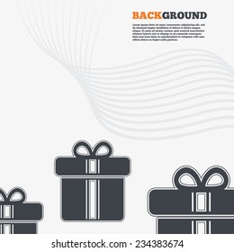 White modern background. Gift box sign icon. Present with ribbons symbol. Outline signs with curved lines. Vector