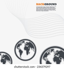 White modern background. Globe sign icon. World map geography symbol. Outline signs with curved lines. Vector