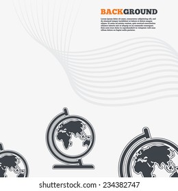 White modern background. Globe sign icon. World map geography symbol. Globe on stand for studying. Outline signs with curved lines. Vector
