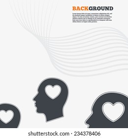White modern background. Head with heart sign icon. Male human head in love symbol. Outline signs with curved lines. Vector