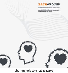 White modern background. Head with heart sign icon. Male human head in love symbol. Outline signs with curved lines. Vector