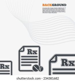 White modern background. Medical prescription Rx sign icon. Pharmacy or medicine symbol. With round tablets. Outline signs with curved lines. Vector