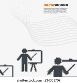 White modern background. Presentation sign icon. Man standing with pointer. Blank empty billboard symbol. Outline signs with curved lines. Vector