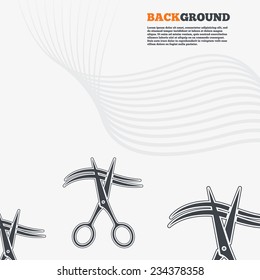 White modern background. Scissors cut hair sign icon. Hairdresser or barbershop symbol. Outline signs with curved lines. Vector