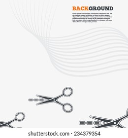 White modern background. Scissors with cut dash dotted line sign icon. Tailor symbol. Outline signs with curved lines. Vector