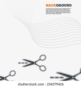 White modern background. Scissors with cut dash dotted line sign icon. Tailor symbol. Outline signs with curved lines. Vector