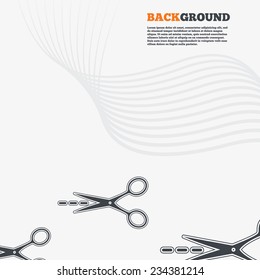 White modern background. Scissors with cut dash dotted line sign icon. Tailor symbol. Outline signs with curved lines. Vector