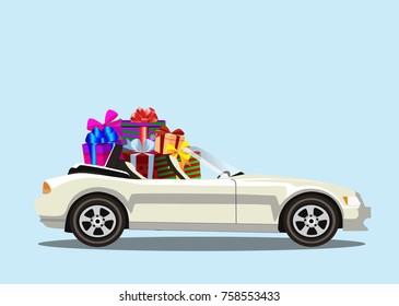 White modern cartoon cabriolet car full of gift boxes isolated. Sport car. Vector illustration. Clip art. 