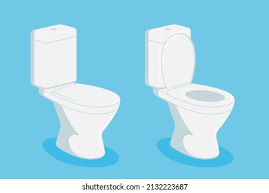 White modern ceramic water closet bowl set. Toilet with open and closed lid. WC flat vector eps illustration