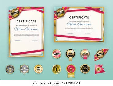 White modern certificates with abstract red ribbon and set of emblems. Horizontal and vertical template with grey realistic frame and different emblems. Luxury premium badges