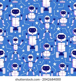 White modern cute Robotic seamless pattern isolated on blue background. Baby children fashion pattern.