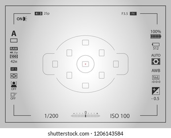 White modern digital camera focusing screen template with vignetting effect. Viewfinder mirrorless, DSLR or cameraphone camera recording. Vector illustration