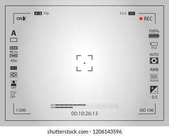 White modern digital camera focusing screen template with vignetting effect. Viewfinder mirrorless, DSLR or cameraphone camera recording. Vector illustration