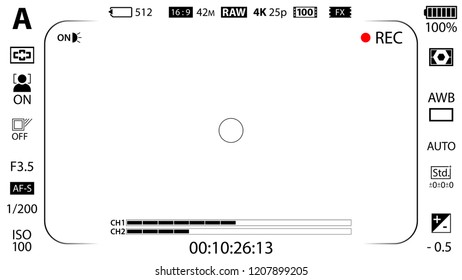 White modern digital camera focusing screen with settings template. Viewfinder mirrorless, DSLR or cameraphone camera recording. Vector illustration