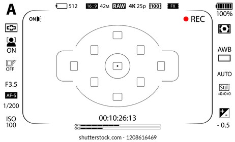 White modern digital camera focusing screen with settings template. Viewfinder mirrorless, DSLR or cameraphone camera recording. Vector illustration