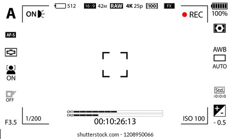 White modern digital camera focusing screen with settings template. Viewfinder mirrorless, DSLR or cameraphone camera recording. Vector illustration