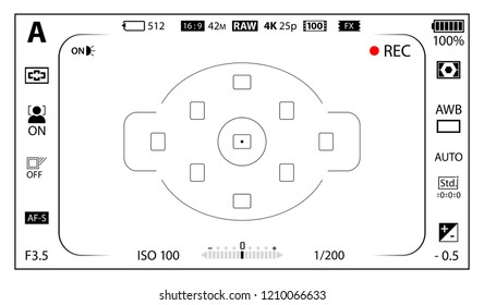 White modern digital camera focusing screen with settings template. Viewfinder mirrorless, DSLR or cameraphone camera recording. Vector illustration