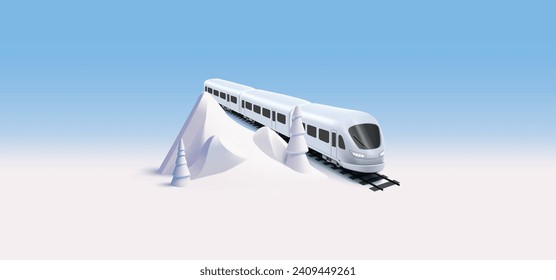 White modern fast train 3d illustration in snow mountains, cartoon render composition, public transport