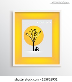 White modern frame with children read a book under tree, vector illustration.