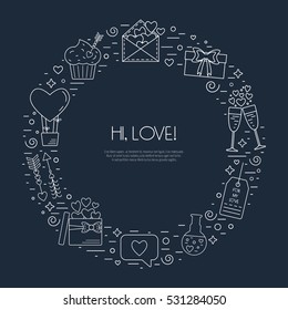 White modern frame with linear icons for Valentine's Day and the wedding day with traditional attributes and hand lettering inscription. Flat design. Vector illustration