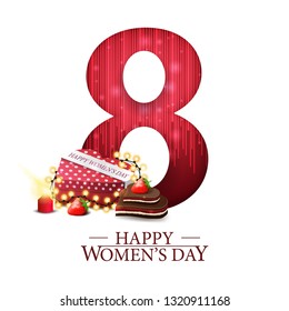 White modern greeting postcard for women's day with a large number eight and gift in the shape of a heart