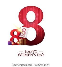 White modern greeting postcard for women's day with a large number eight and gifts with the number eight