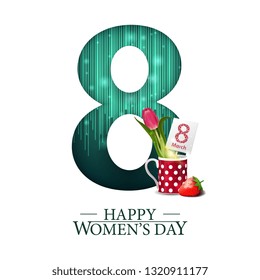 White modern greeting postcard for women's day with a large number eight and tulip in a mug