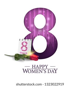 White modern greeting postcard for women's day with a large number eight, rose and calendar
