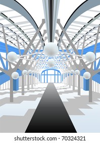 white modern interior of corridor with black rug strip and sphere lamps, vector