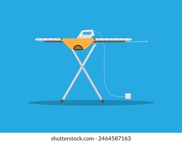 White modern iron and orange tshirt on ironing board, vector illustration in flat design on blue background